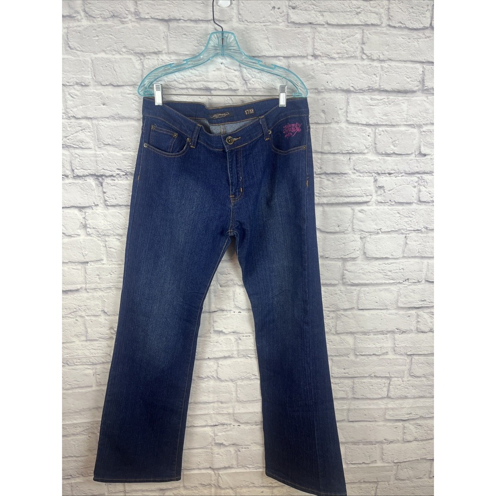 Ed Hardy Y2K Streetwear Dark Wash Embroidered Wide Leg Jeans Size 17/18